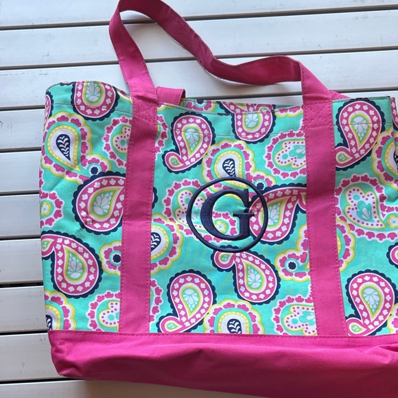 WB Handbags - WB Pink and Blue Paisley Tote with a G monogram.
